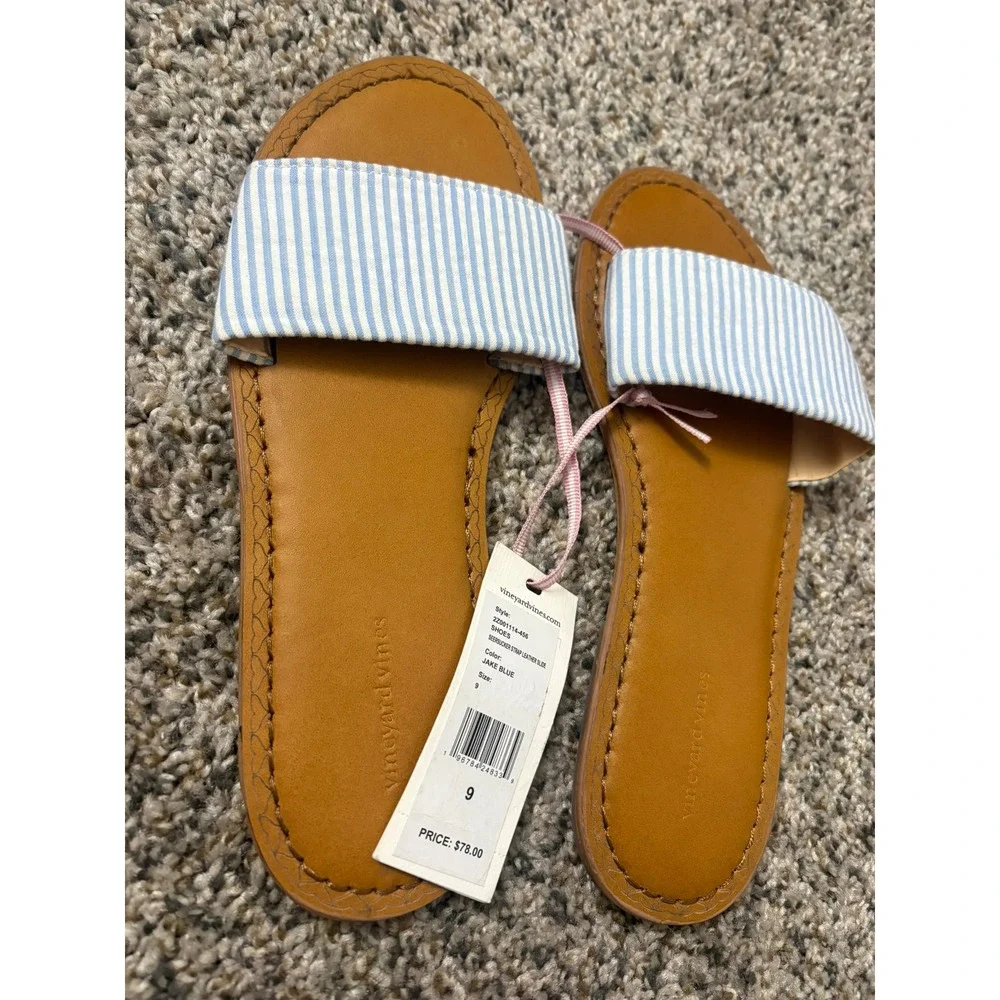 NWT Vineyard Vines Seersucker Strap Leather Slides 9 Blue White Stripe